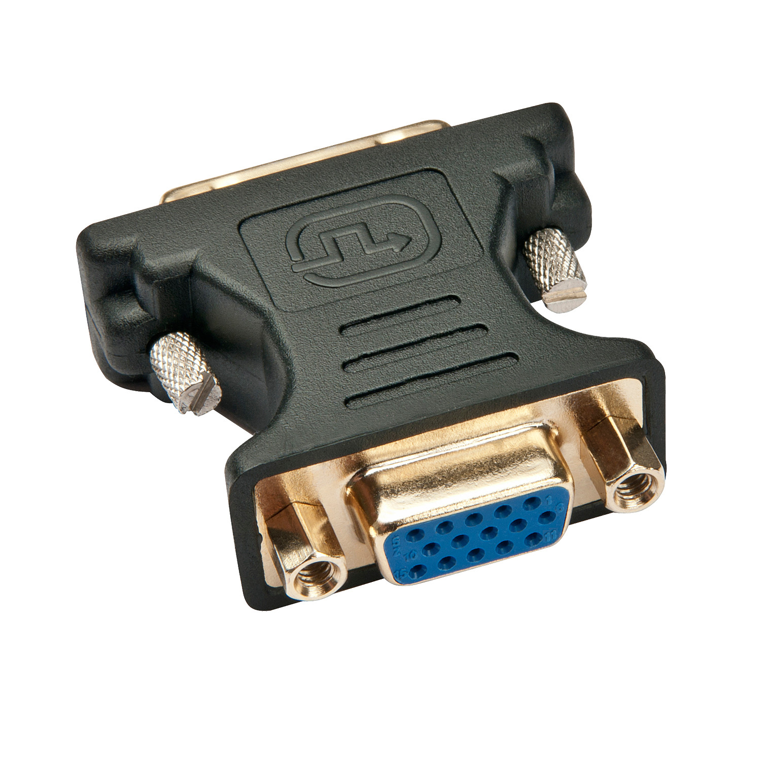 Un adattatore da DVI a VGA nero con connettori dorati e viti zigrinate.