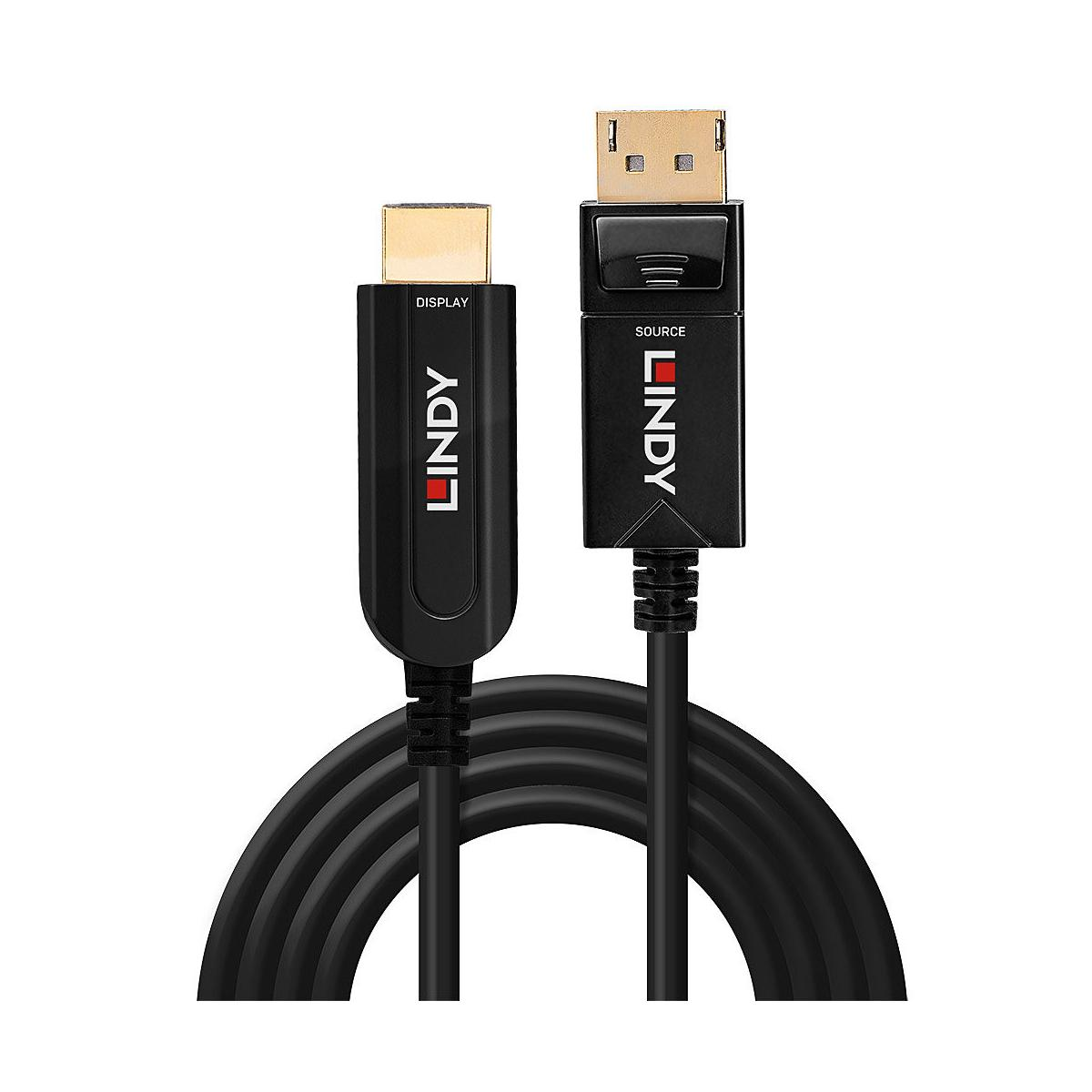 Cable DisplayPort negro Lindy con conectores dorados etiquetados 'Display' y 'Source'.