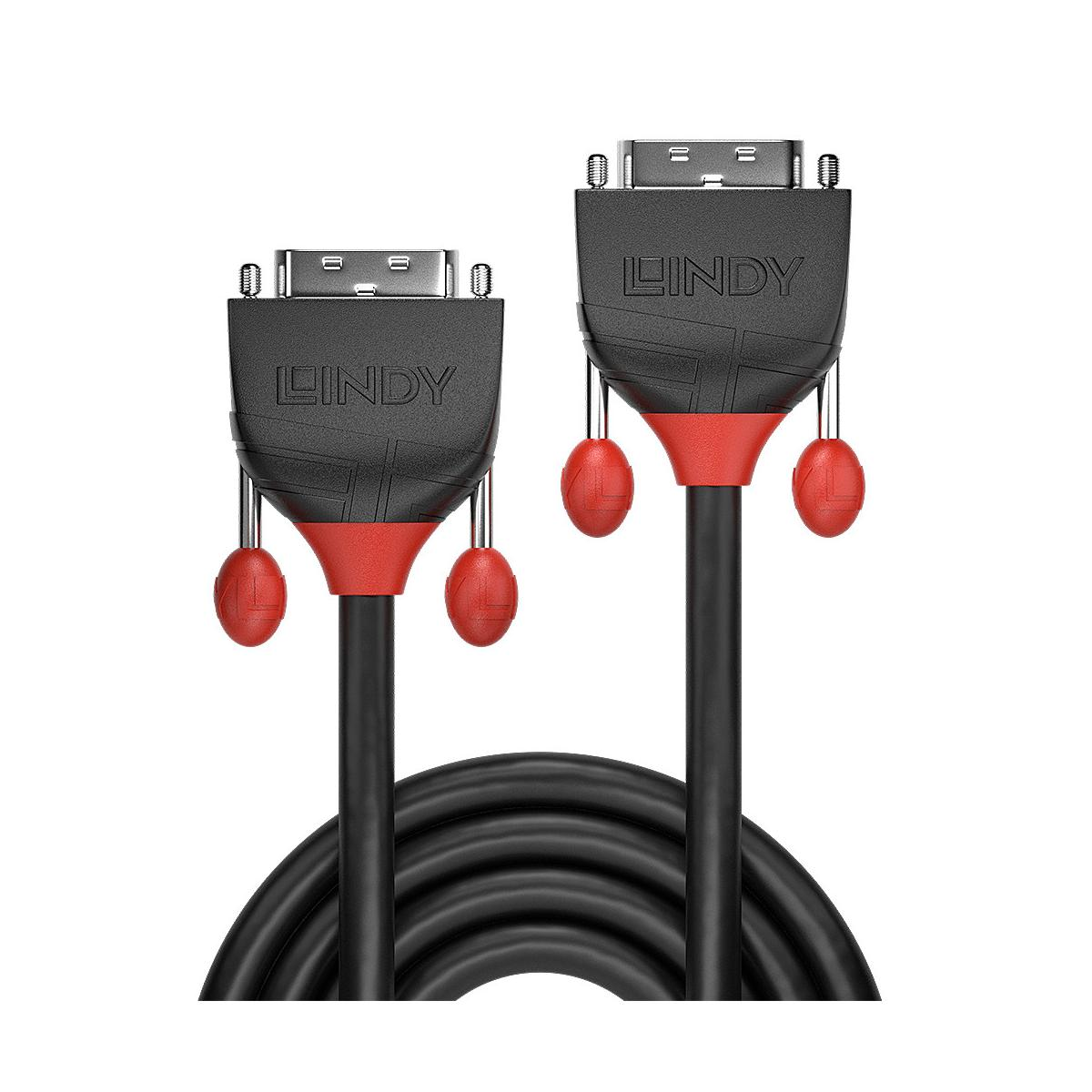 Deux câbles Lindy noirs avec fermoirs à vis et connecteurs rouges.