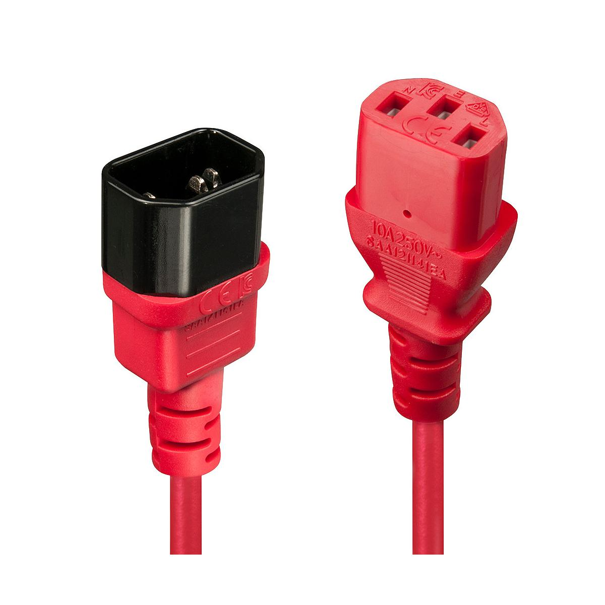 Due cavi di alimentazione con connettori rossi. Una femmina IEC C14 nera, un maschio IEC C13 rosso.