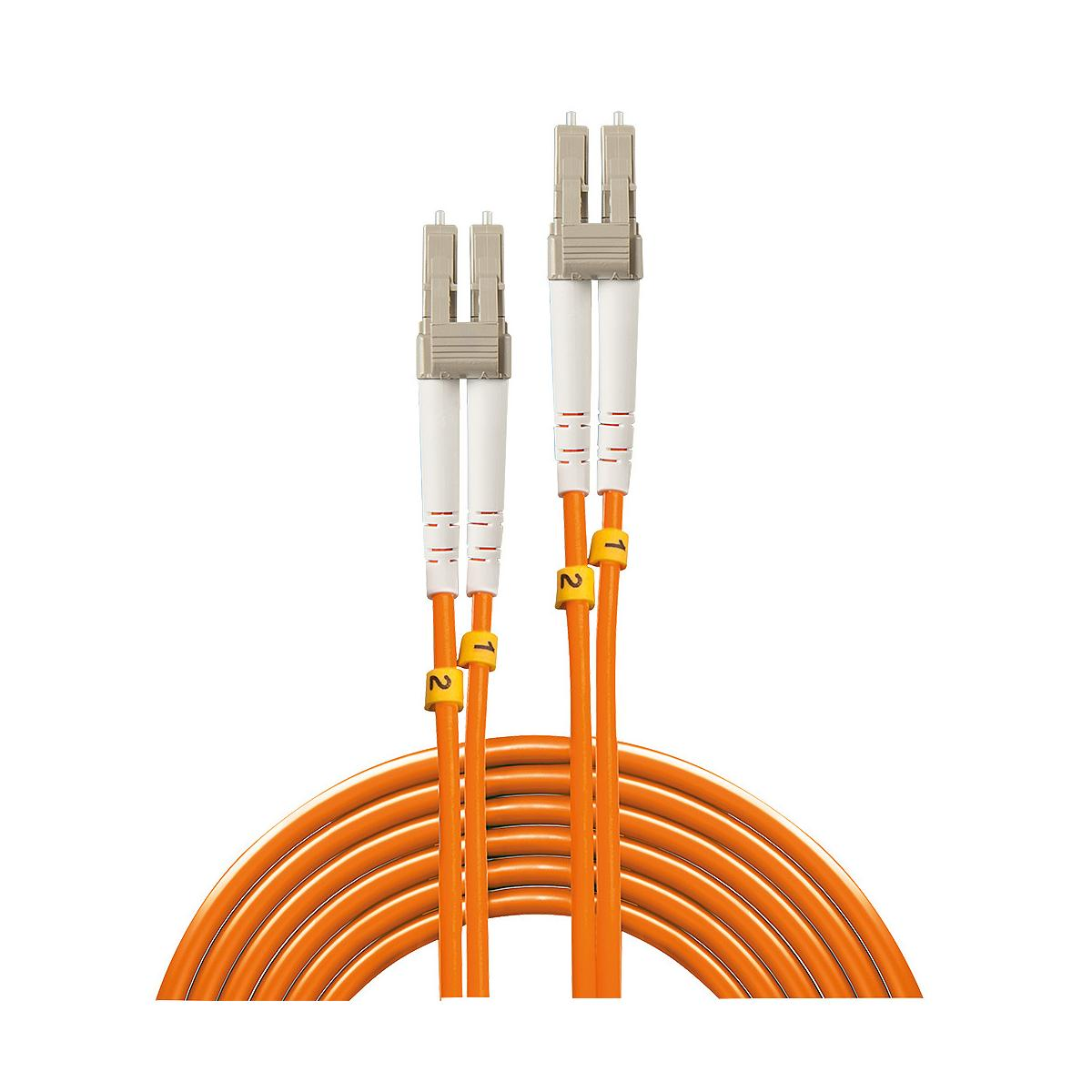 Due cavi in fibra ottica LC con guaine arancioni e connettori grigi su sfondo bianco.