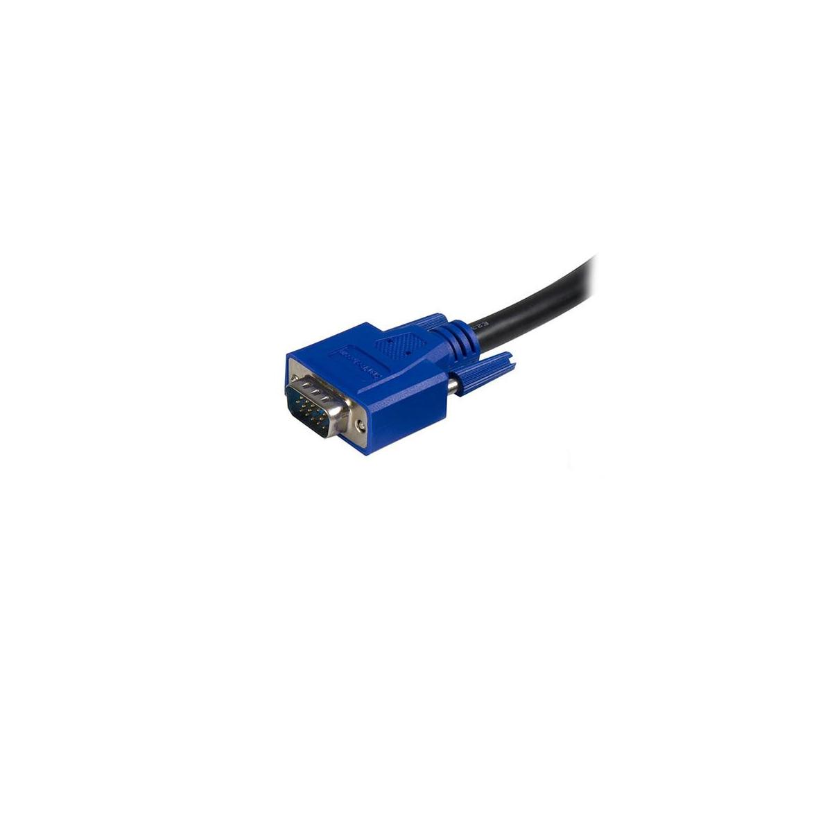 Ein blauer VGA-Stecker mit schwarzem Kabel und Rändelschrauben auf weißem Hintergrund.