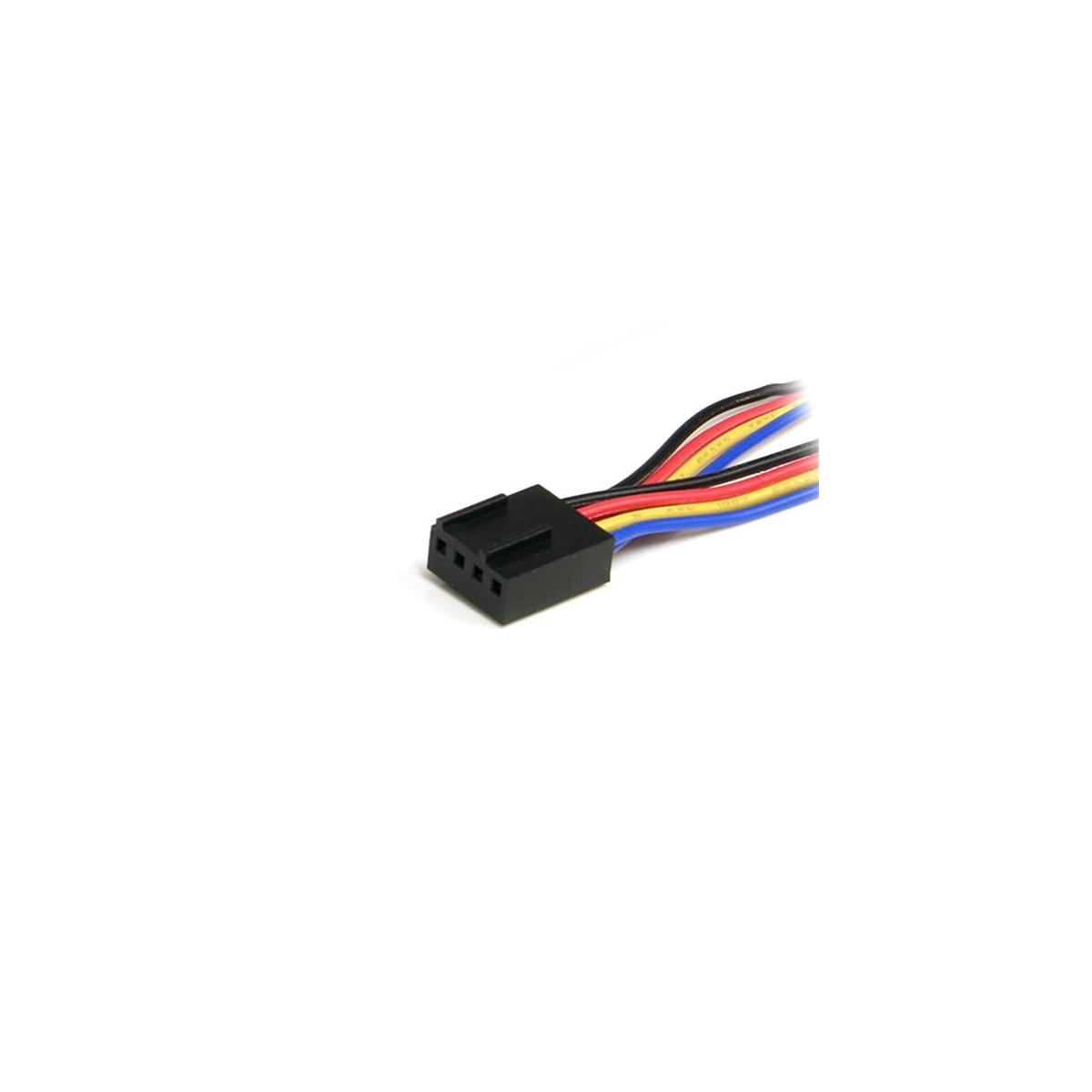 Un conector negro de 4 pines con cables rojo, azul, amarillo y negro.