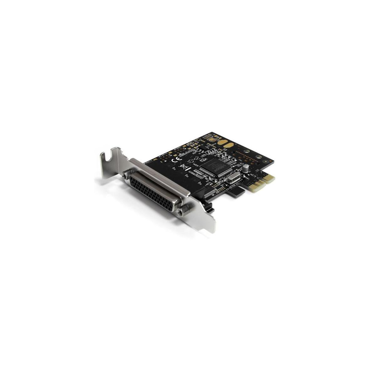 Una tarjeta de expansión de computadora negra con un conector grande y muchos componentes electrónicos pequeños.