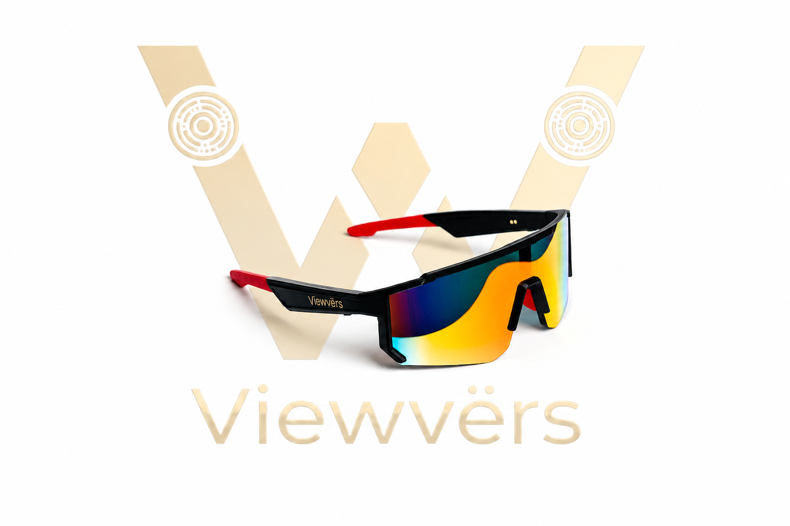 Gafas de sol deportivas negras con patillas rojas y lentes multicolores ante un logo 'W'.