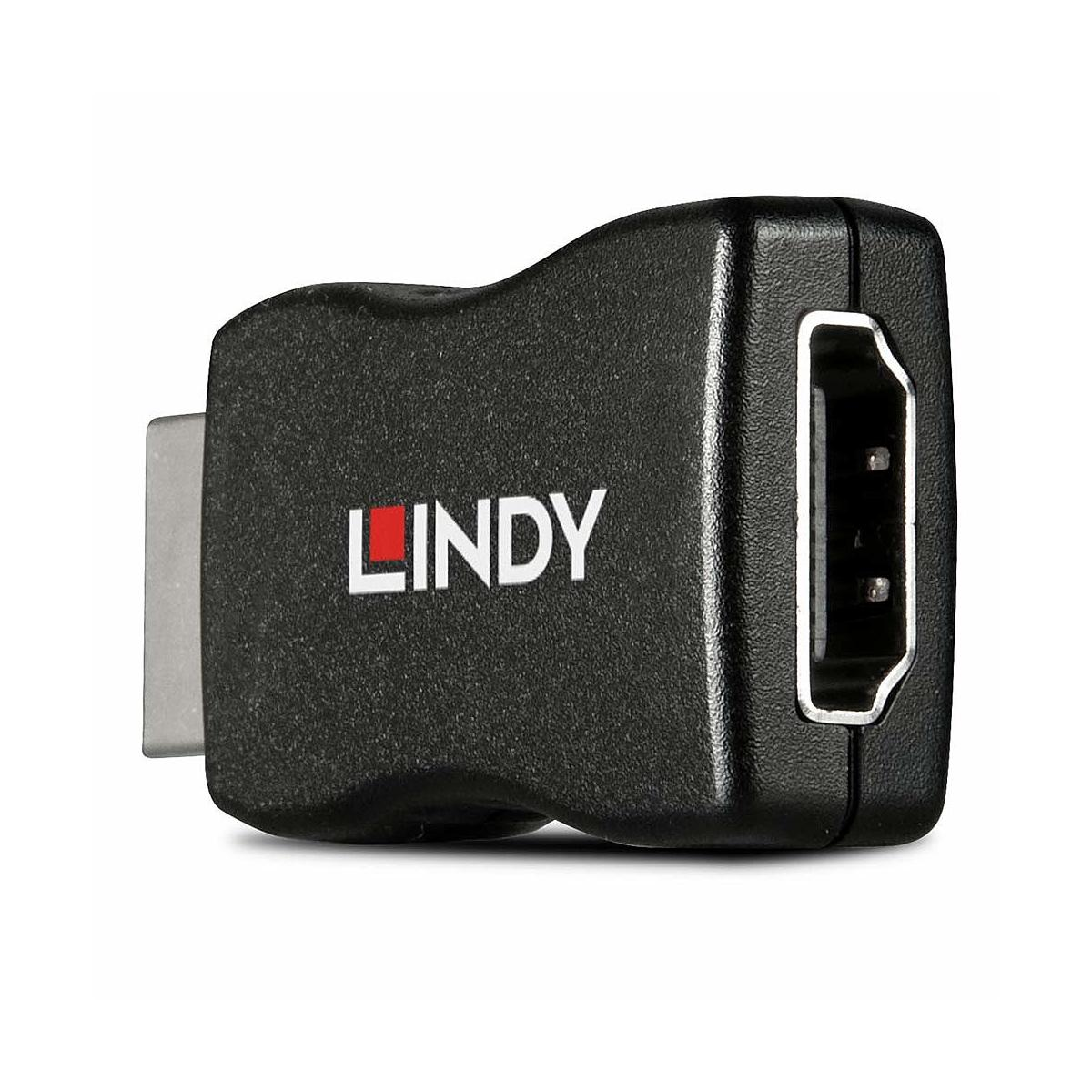 Adattatore Lindy nero con porte HDMI e USB-C, primo piano.
