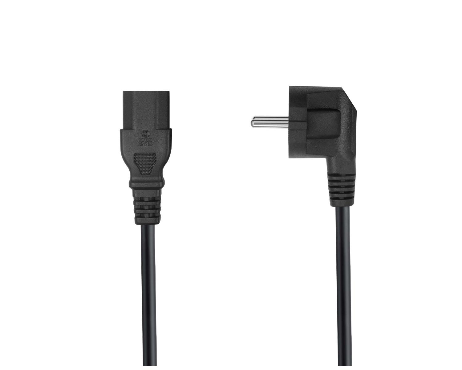 Un conector hembra de cable de alimentación C13 negro y un enchufe Schuko angular negro.