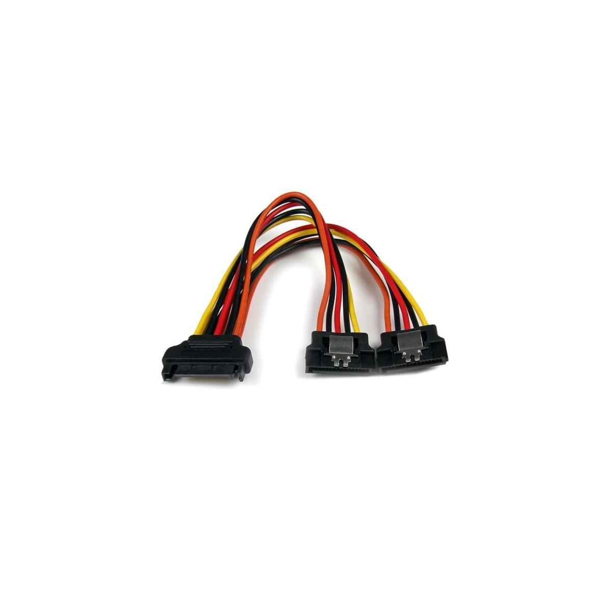 Un cable adaptador de corriente SATA con un conector macho y dos hembra.