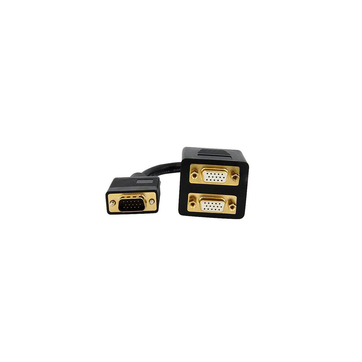 Un cable divisor VGA negro con conectores chapados en oro sobre fondo blanco.