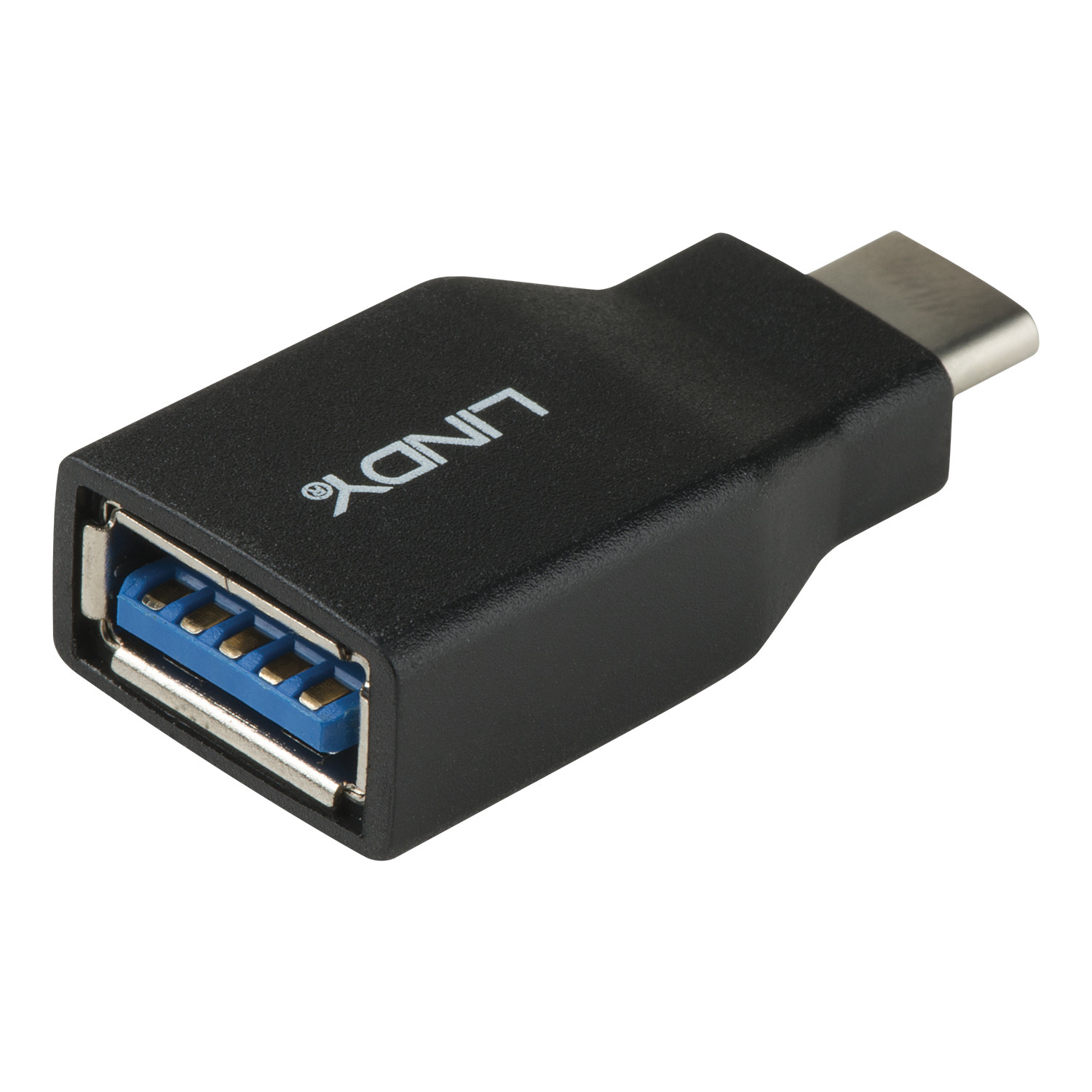 Adattatore USB-C a USB-A nero con porta USB-A blu.