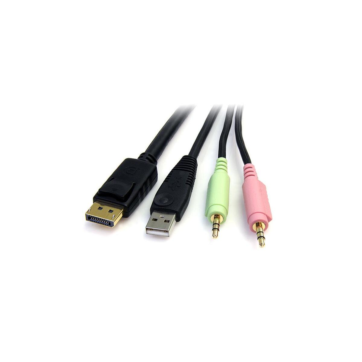 DisplayPort-, USB- und zwei Audio-Klinkenkabel auf weißem Grund.