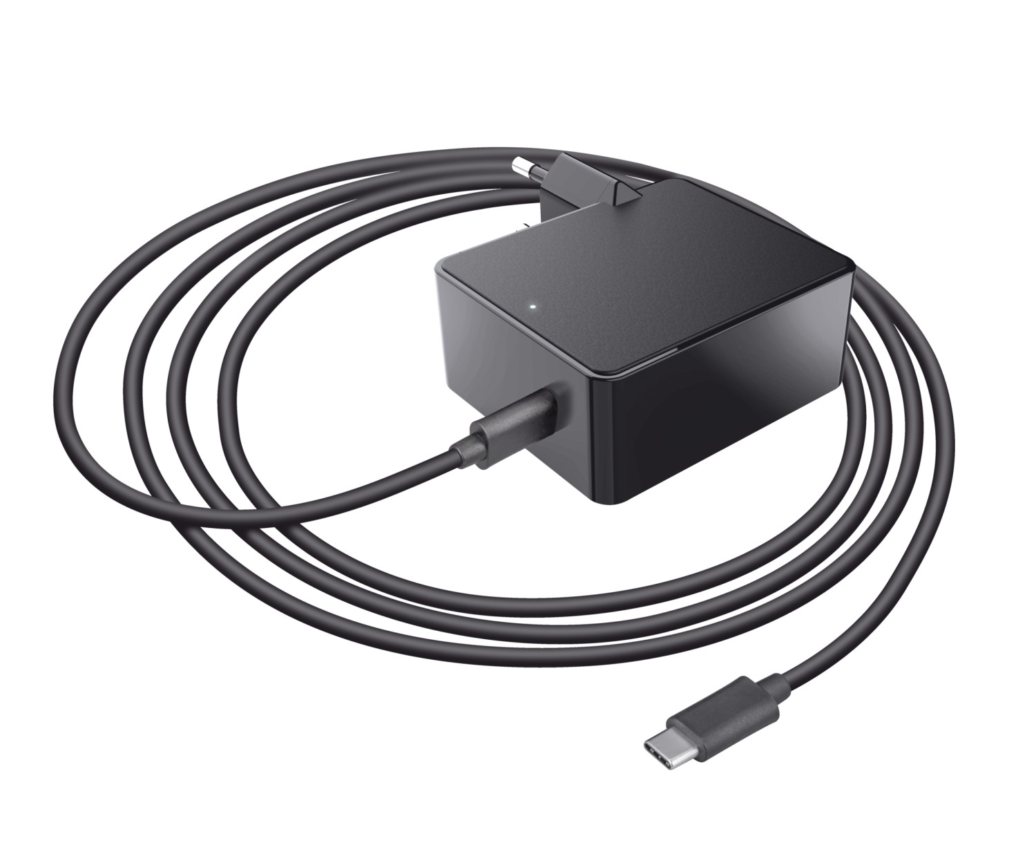 Adattatore di alimentazione nero con cavo e spina USB-C su sfondo bianco.