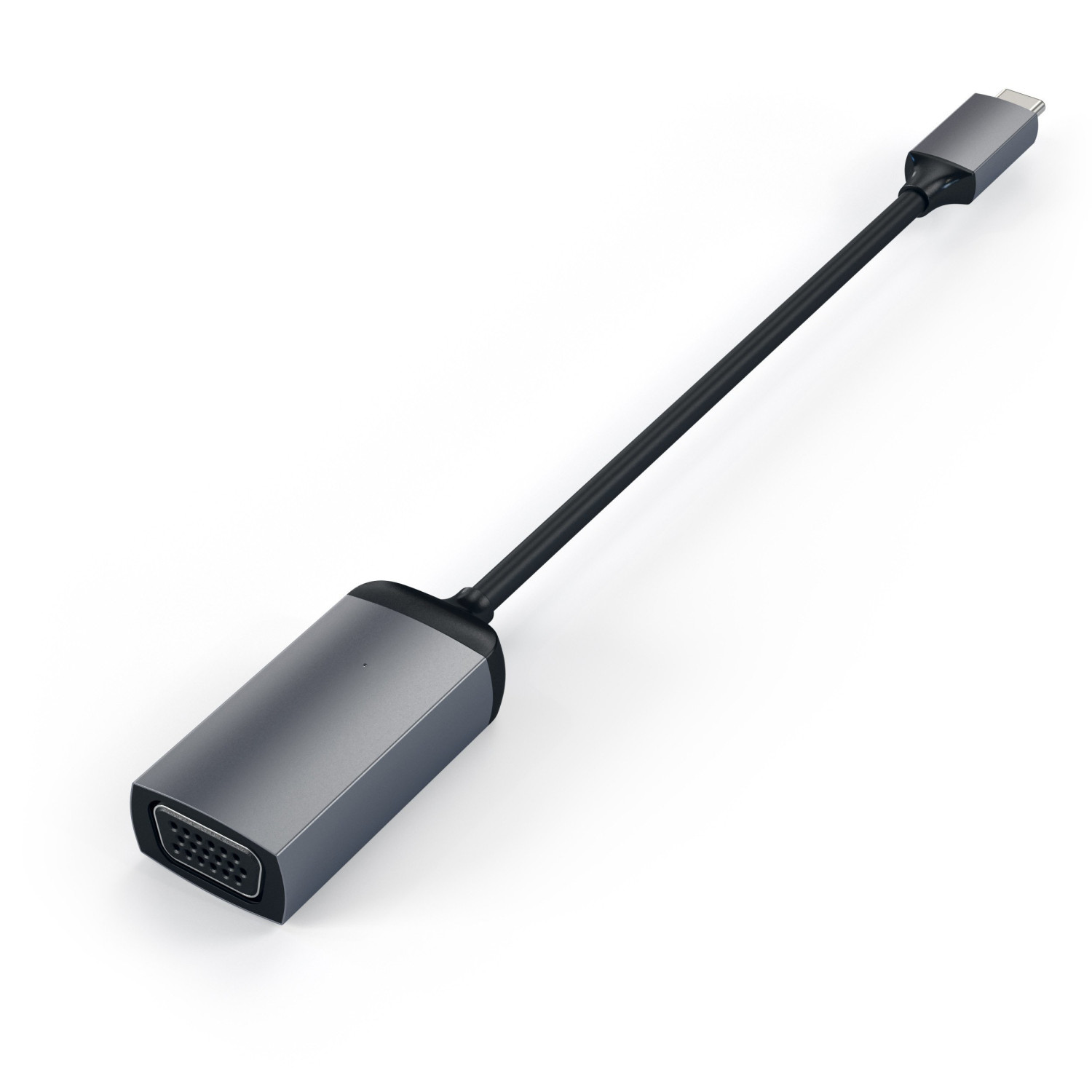 Ein graues USB-C-zu-VGA-Adapterkabel auf weißem Hintergrund.