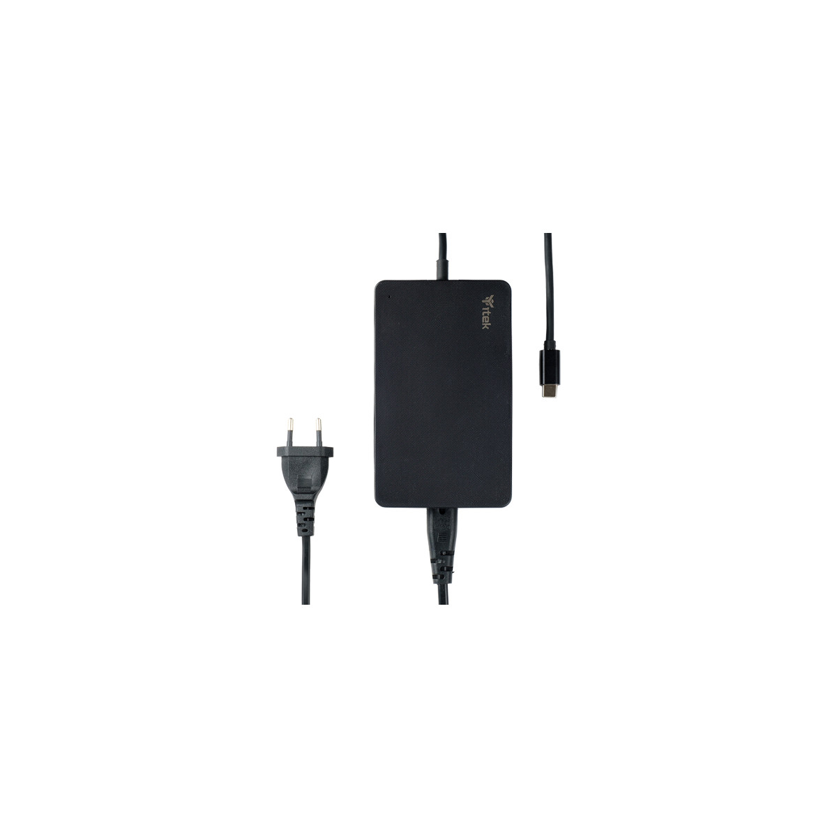 Adattatore di alimentazione nero con spina europea e cavo USB-C su sfondo bianco.