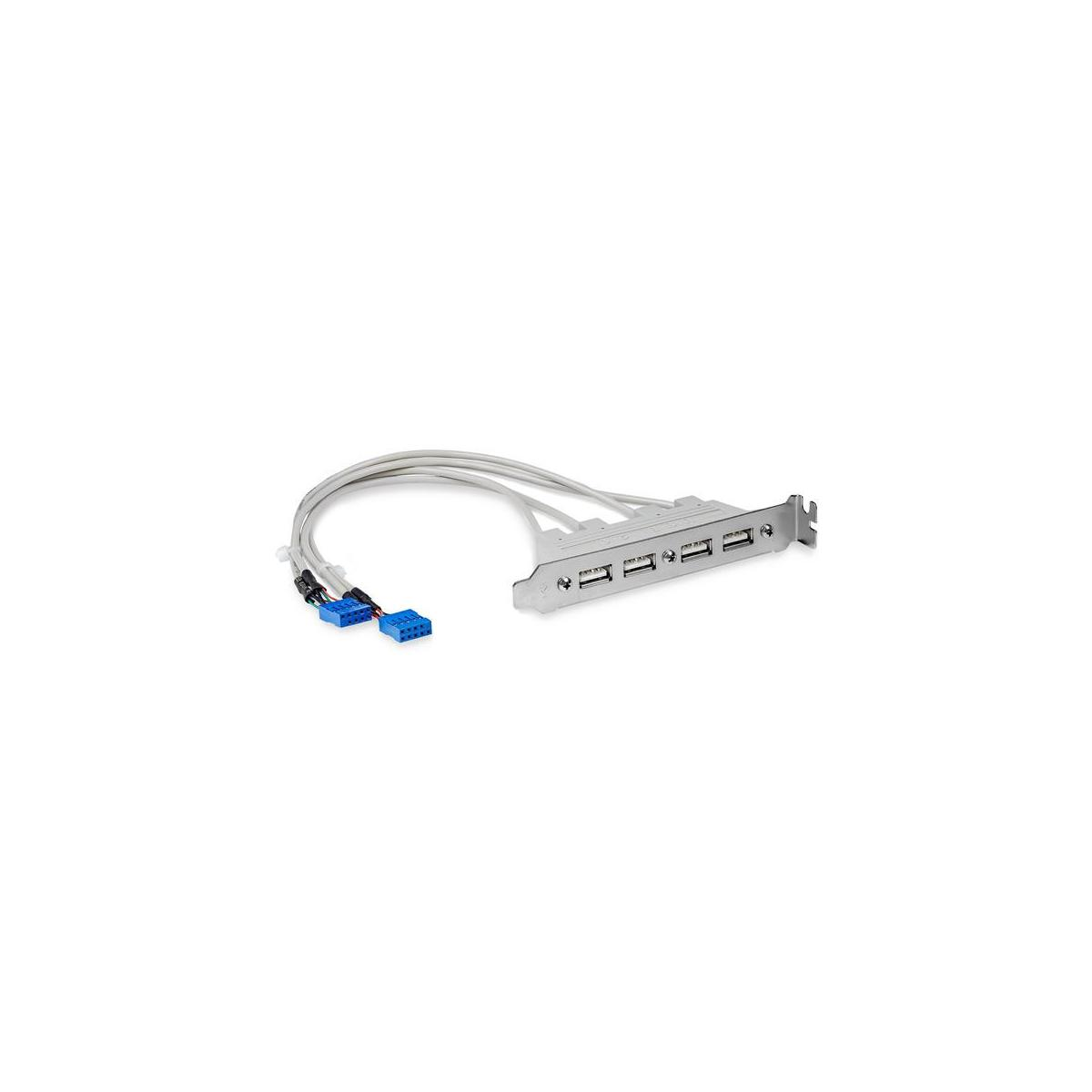 Un soporte metálico plateado con cuatro puertos USB y cables.