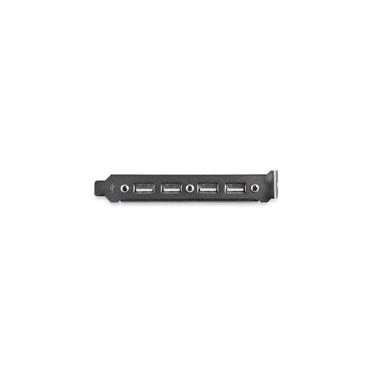 Una tarjeta de expansión USB negra con cuatro puertos y dos luces pequeñas.