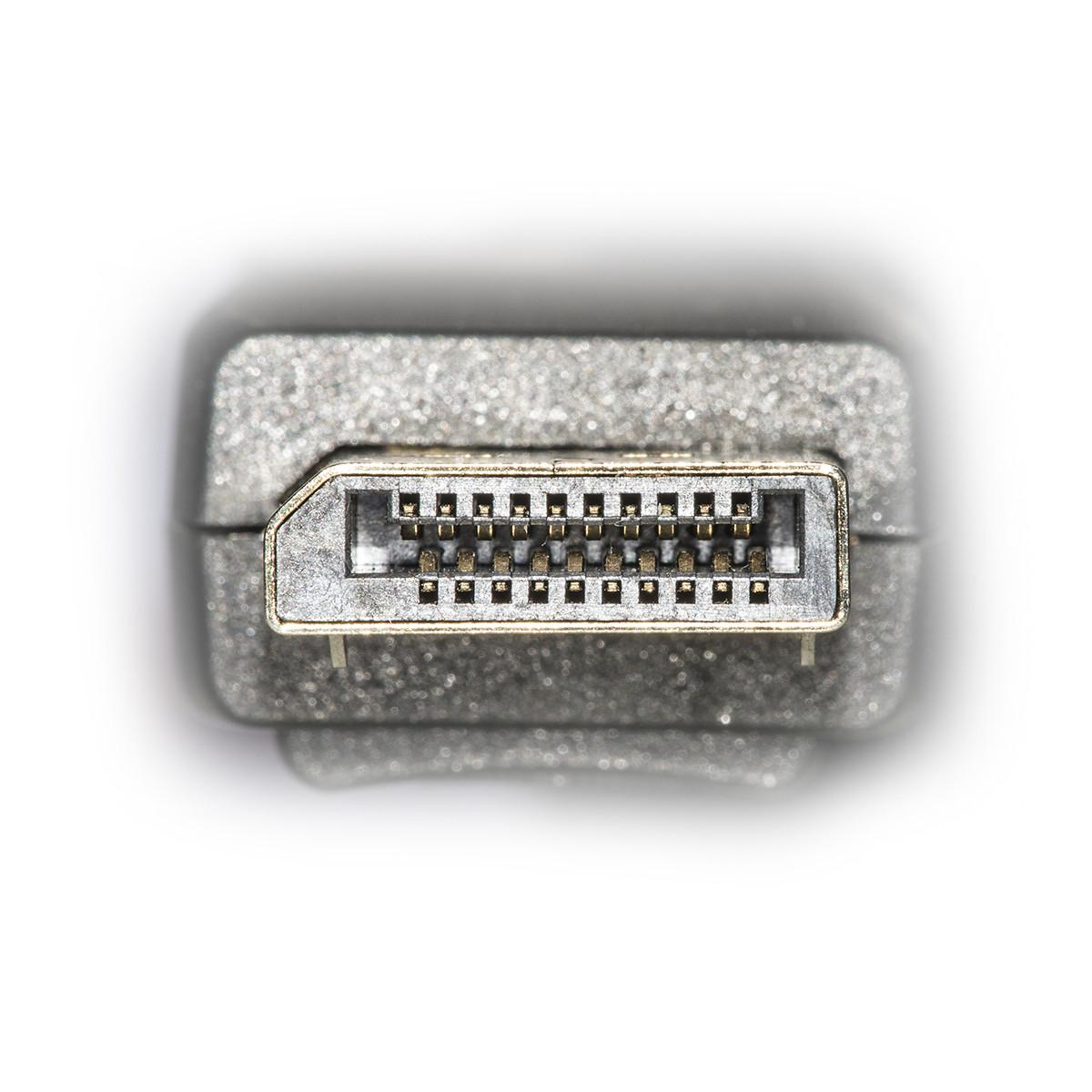 Nahaufnahme eines DisplayPort-Anschlusses mit sichtbaren Pins auf weißem Hintergrund.