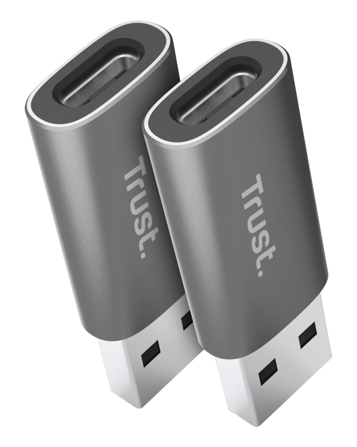 Twee grijze USB-C adapters met zilveren rand en zwarte inzet.