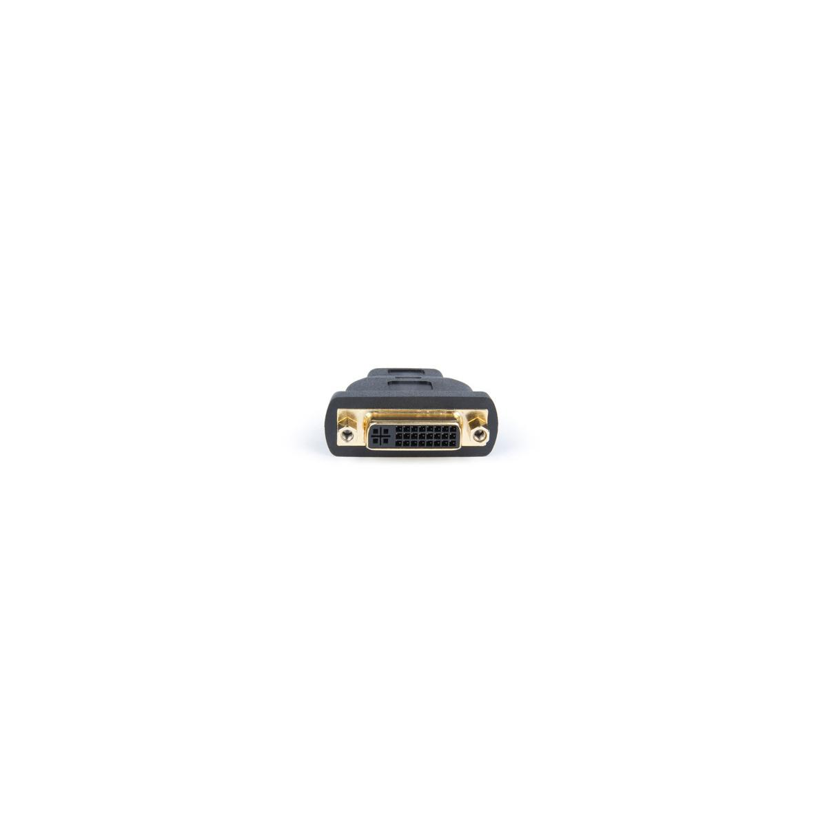Un adattatore da DVI a HDMI nero con connettori dorati.