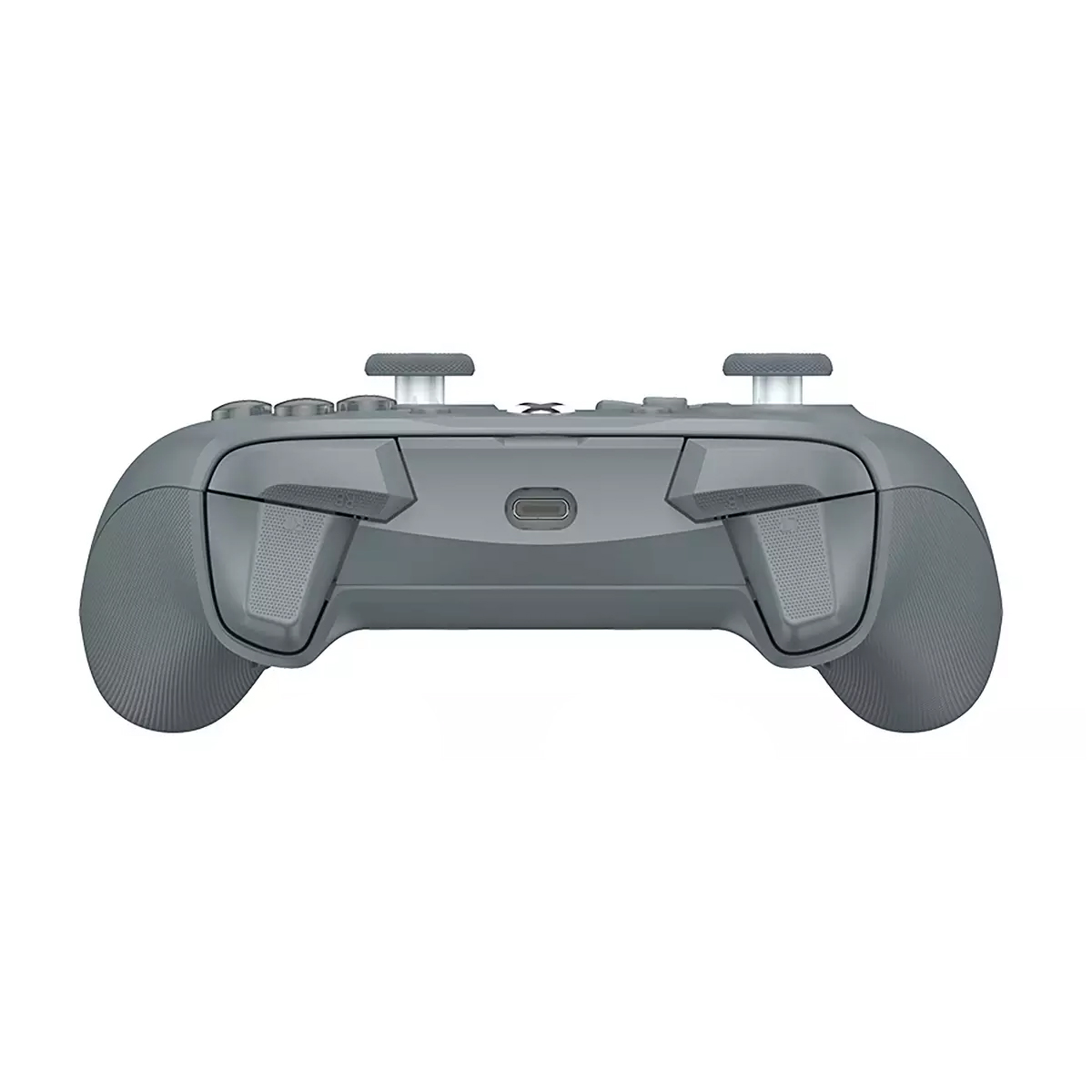 Controller di gioco grigio con due joystick, pulsanti e porta USB-C.