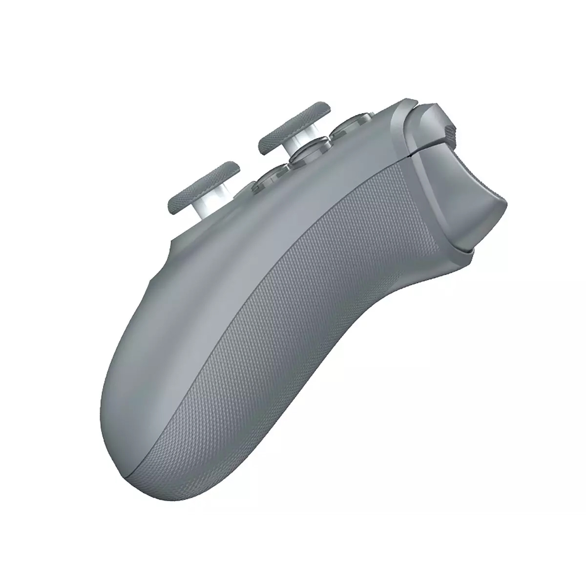 Controller di gioco grigio con due joystick e impugnature testurizzate per una migliore presa.