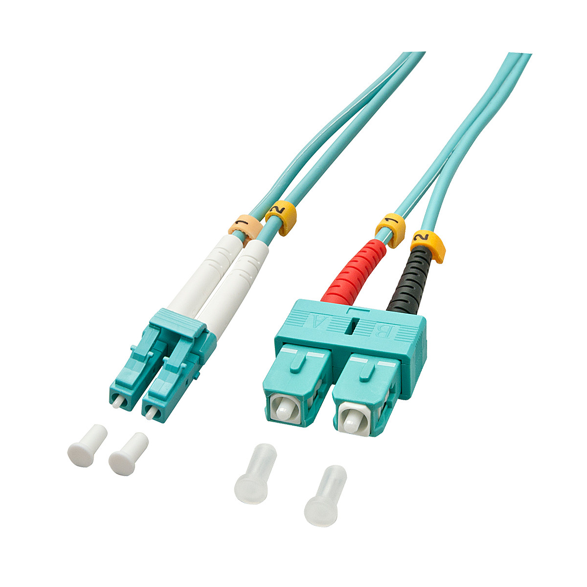 Due cavi in fibra ottica con connettori LC e SC. Un cavo ha connettori bianchi, l'altro rosso e nero.