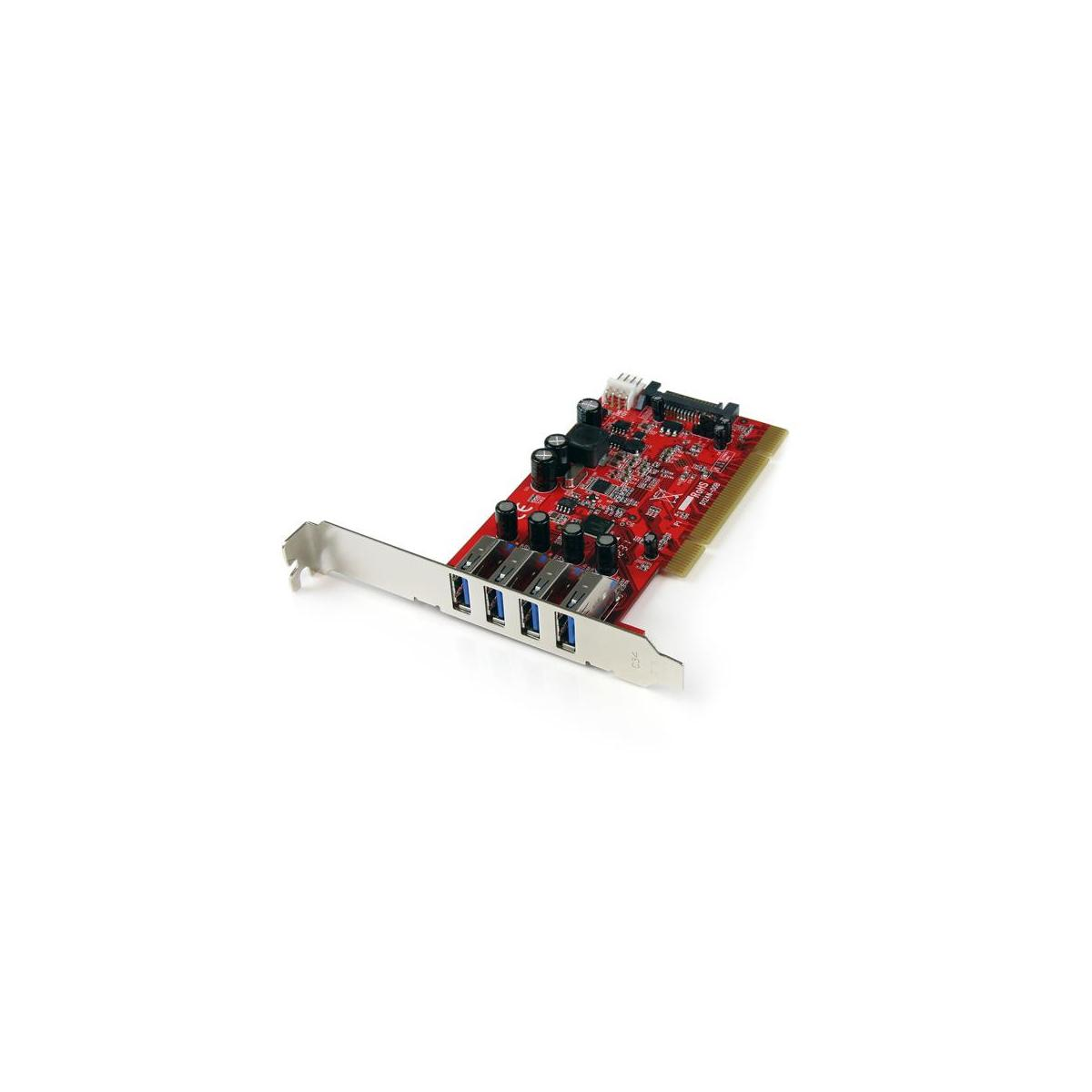 Placa de circuito roja con cuatro puertos USB azules y un soporte metálico.
