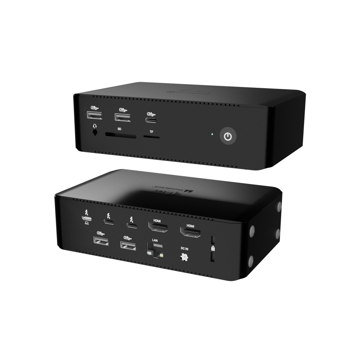 Two black mini PCs side by side. One shows front ports, the other shows rear ports.