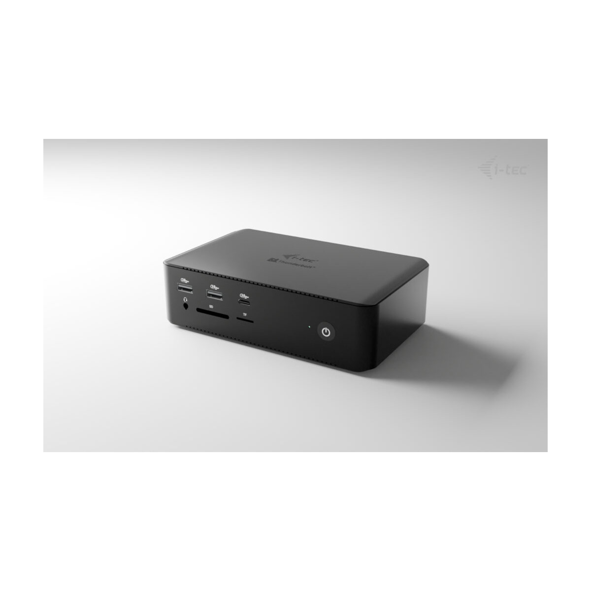 Black i-tec Thunderbolt 3 mini dock with multiple USB ports and card readers.