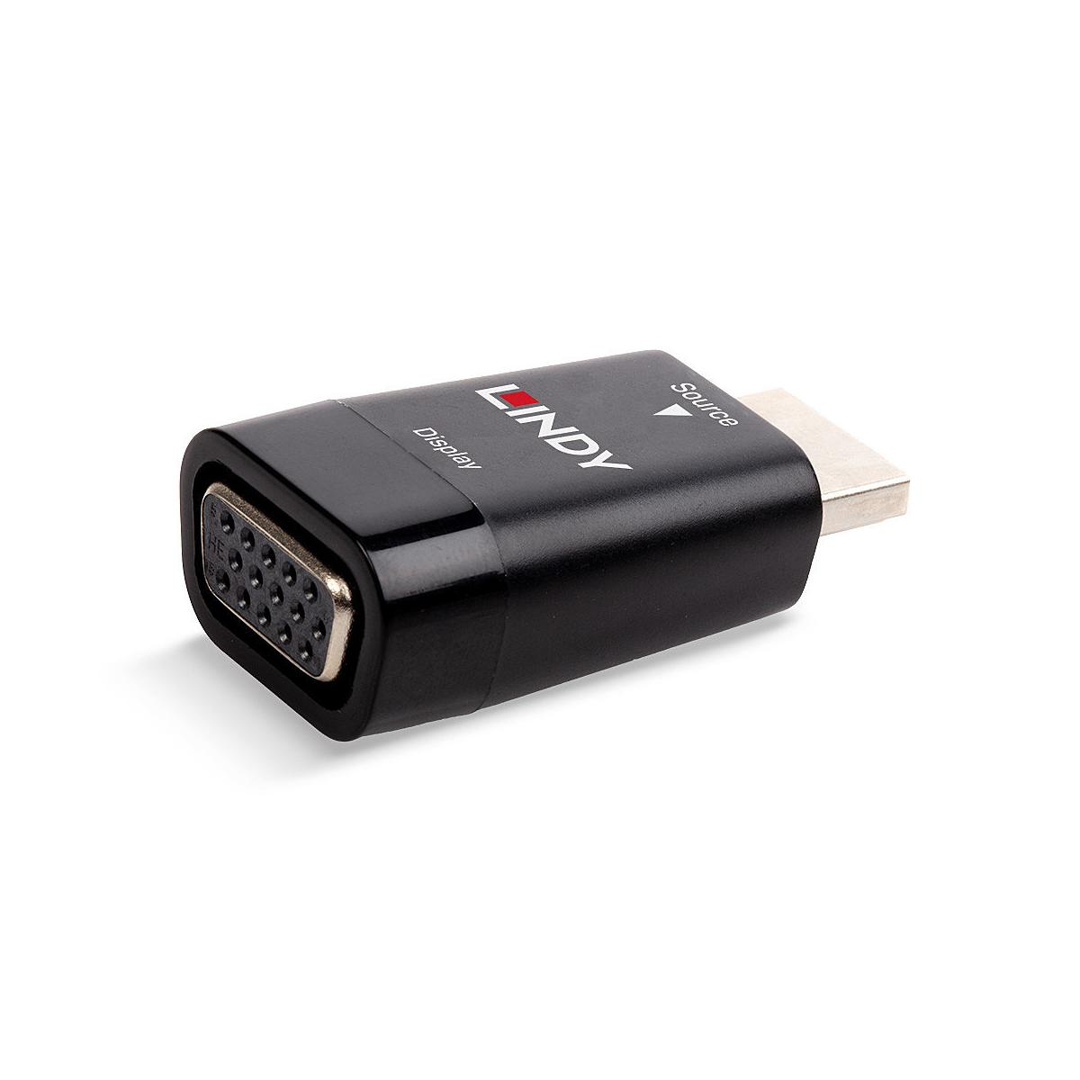 Adattatore Lindy nero con porte VGA e HDMI, etichettato "Display" e "Source".