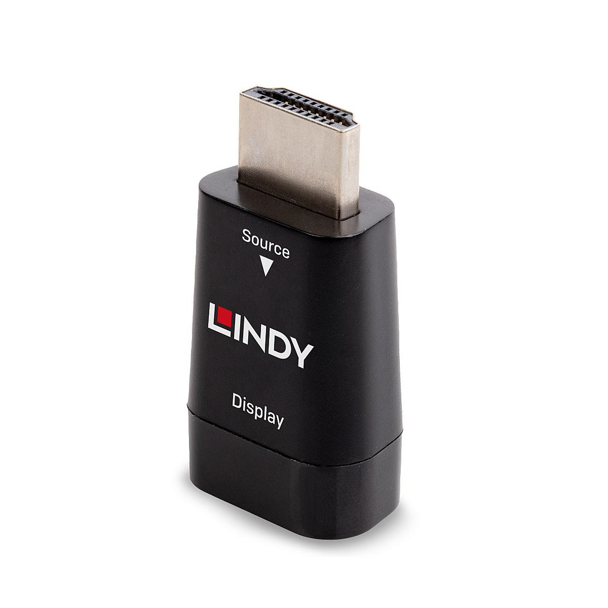 Adattatore HDMI Lindy nero con connettore argentato, etichettato Source e Display.
