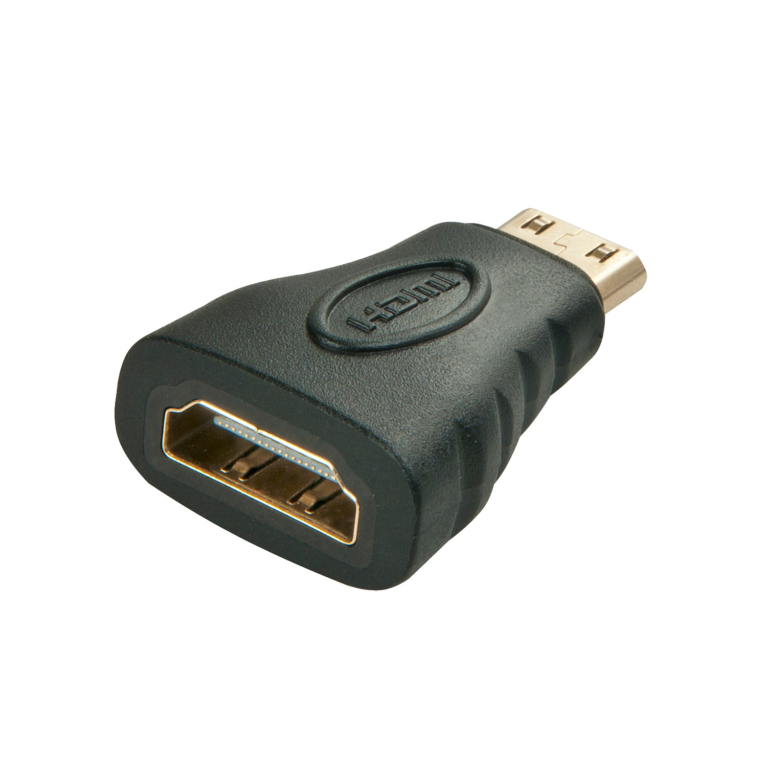 Adattatore HDMI nero con connettori placcati oro. Un'estremità è femmina, l'altra maschio.