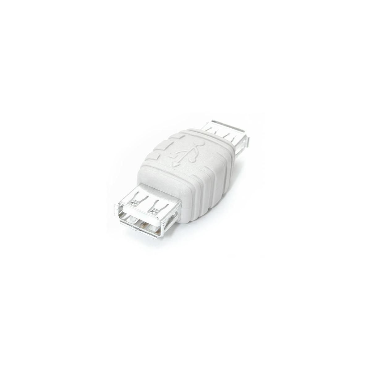 Un adaptador USB blanco con centro acanalado y puertos USB en ambos extremos.