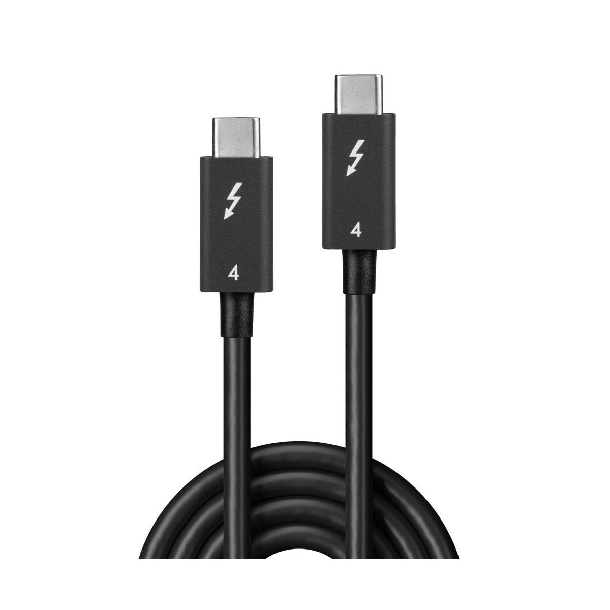 Due cavi Thunderbolt 4 neri con connettori argentati su sfondo bianco.