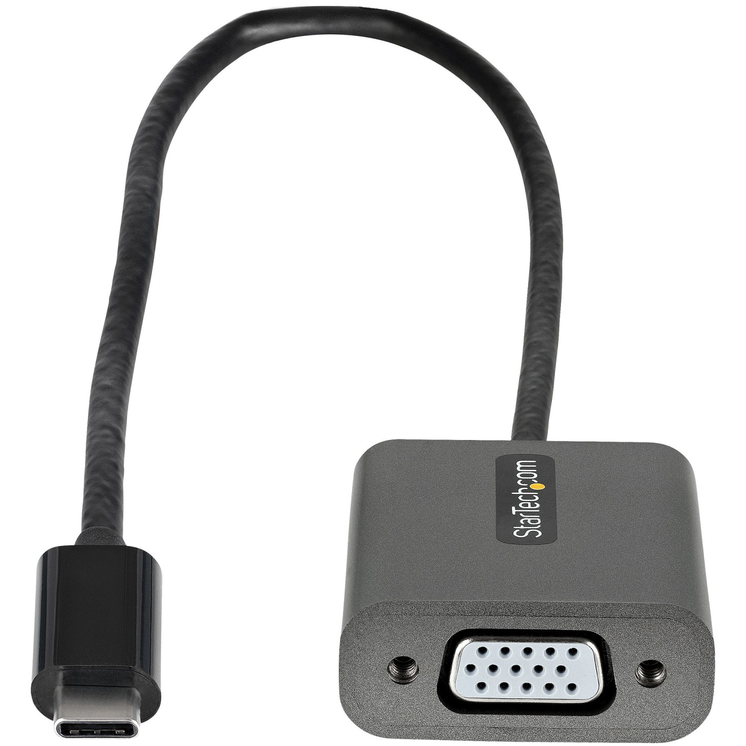 Adaptador USB-C a VGA negro con logo StarTech.com y puerto VGA.