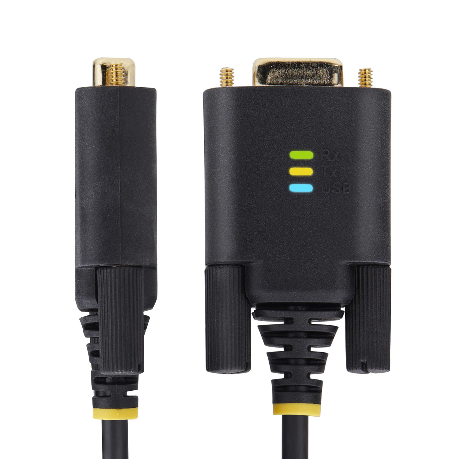 Schwarzer USB-zu-RS232-Adapter mit Lichter und Schrauben.