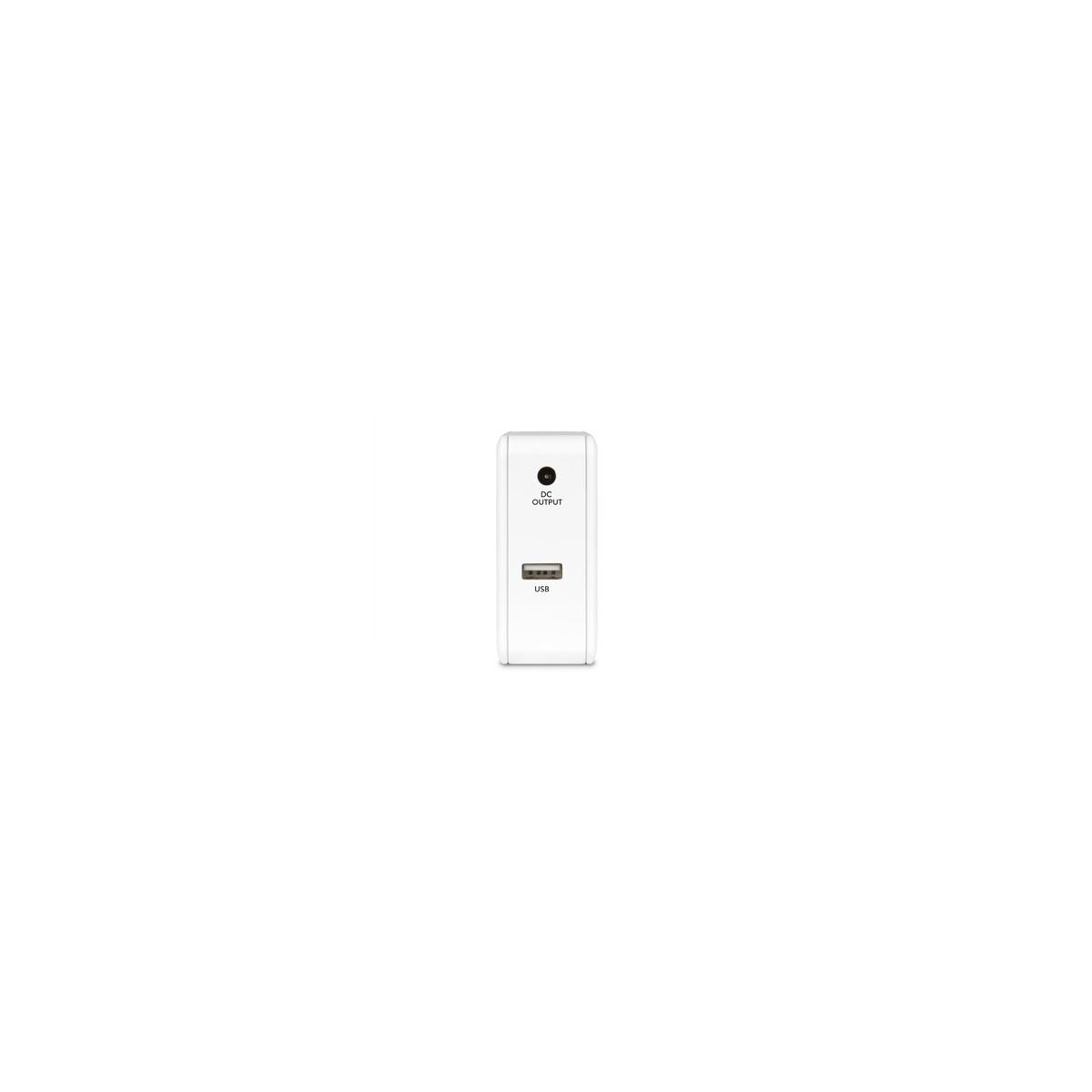 Ein weißer Netzadapter mit DC-Ausgang und USB-Anschluss.