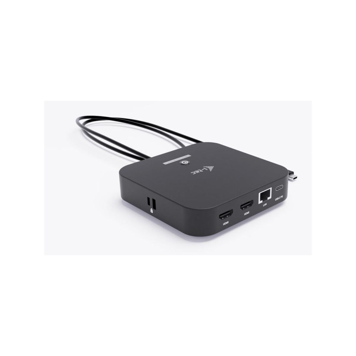 A black, rectangular i-tec docking hub with two HDMI, one LAN, and one USB-C port.
