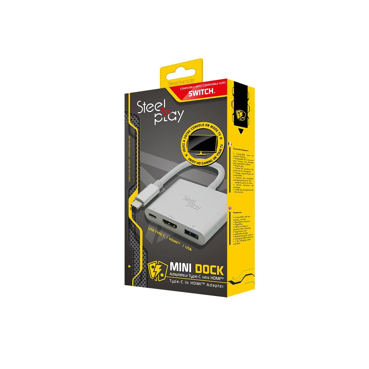 Verpackung eines Steelplay Mini Docks für Nintendo Switch, weiß.
