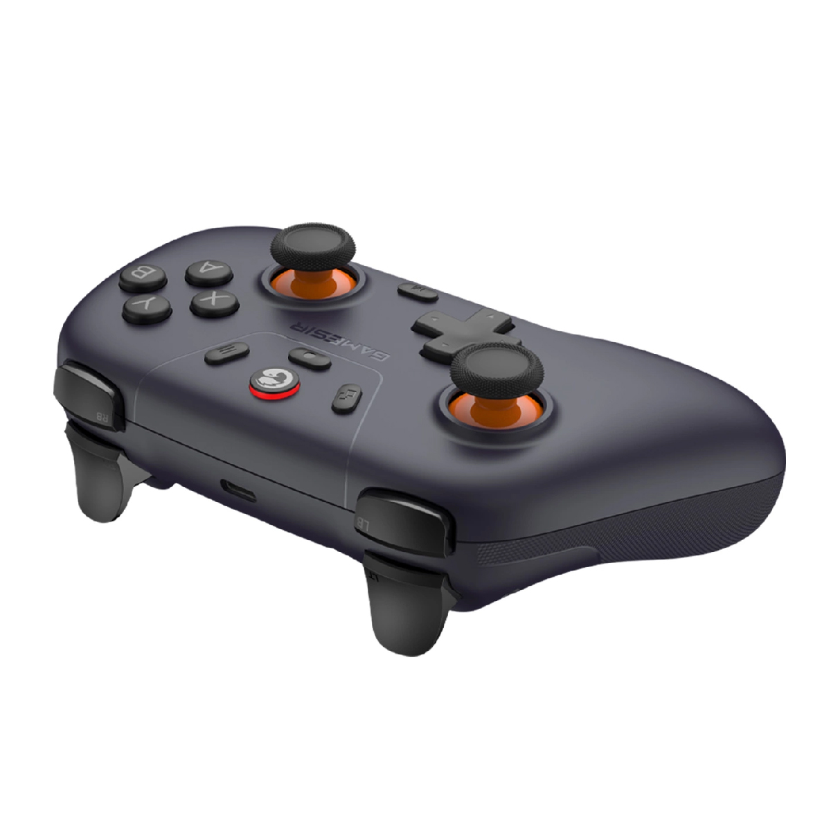 Une manette de jeu sombre avec des accents orange et plusieurs boutons.