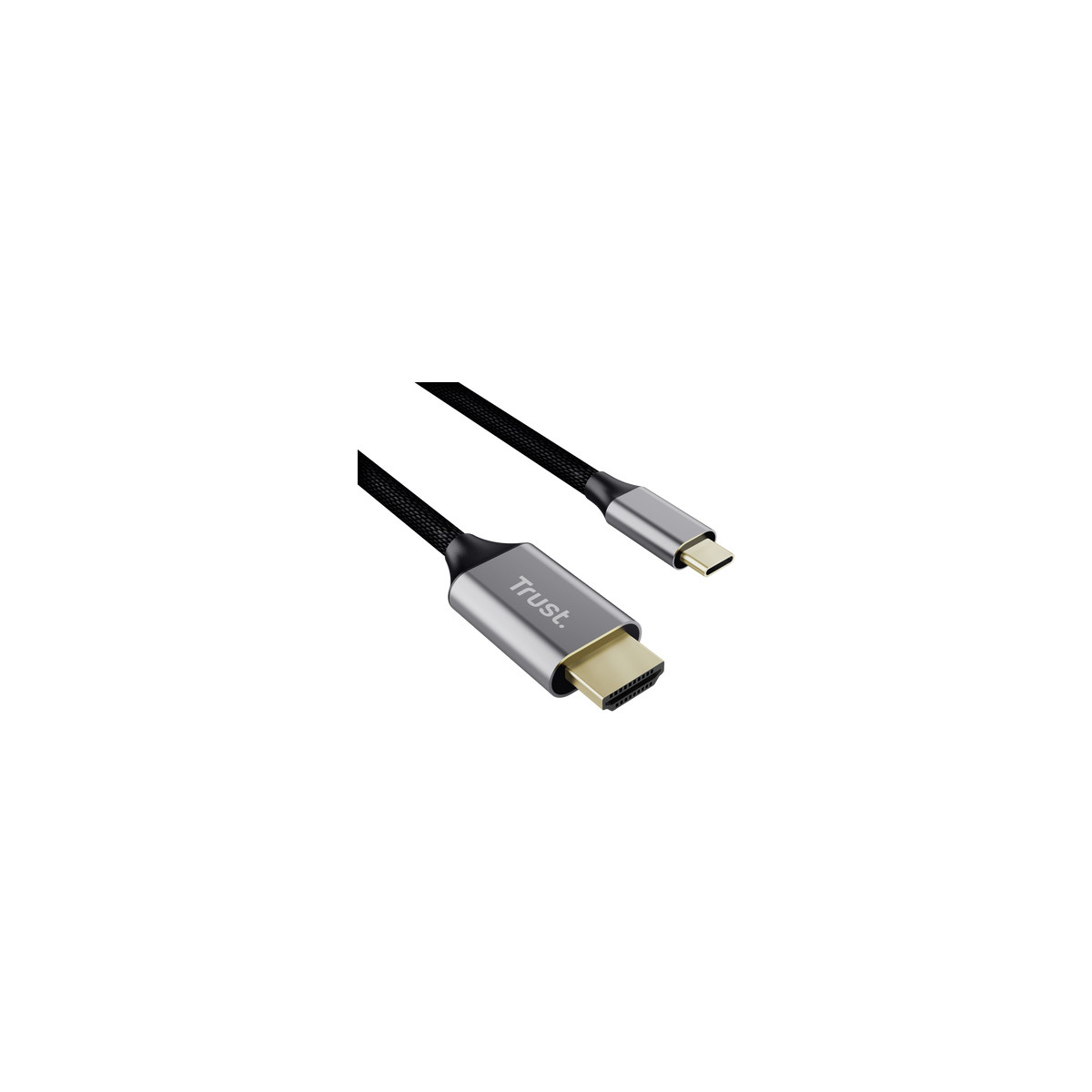 Czarny kabel w oplocie z logo Trust, złączem HDMI i USB-C.