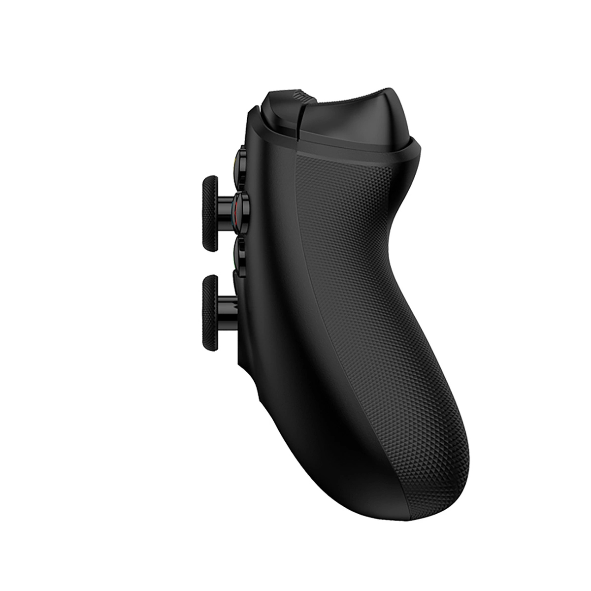 Schwarzer Gamecontroller mit texturiertem Griff und Knöpfen.