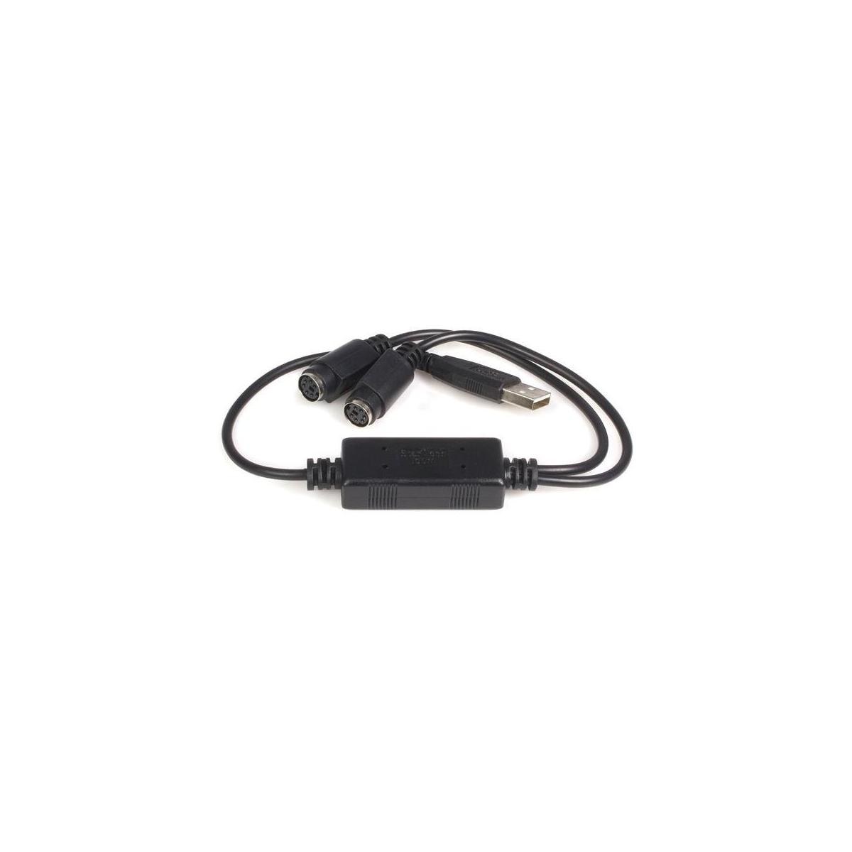 Un cable adaptador USB negro con dos conectores redondos y un enchufe USB.
