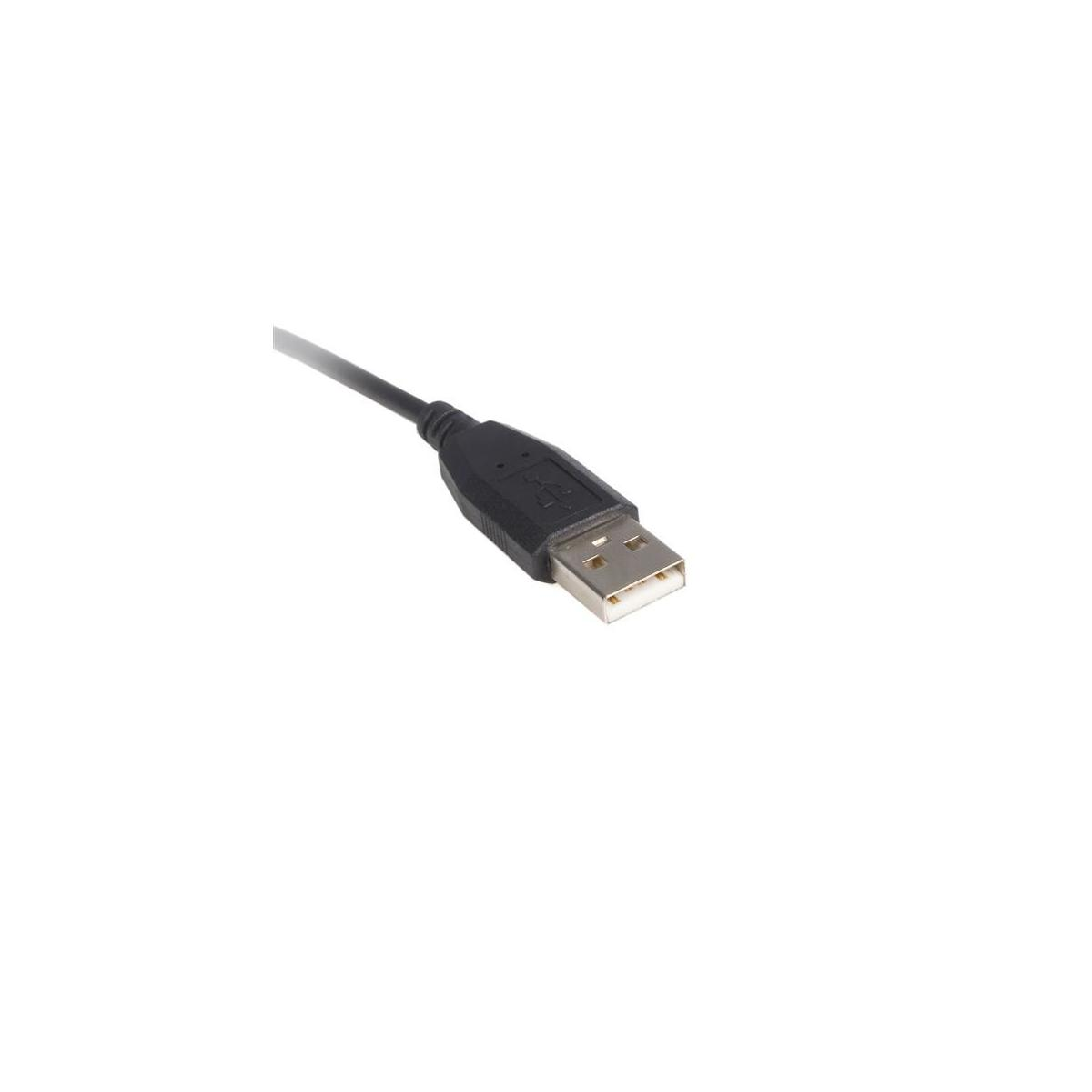 Un cable USB negro con un conector sobre fondo blanco.