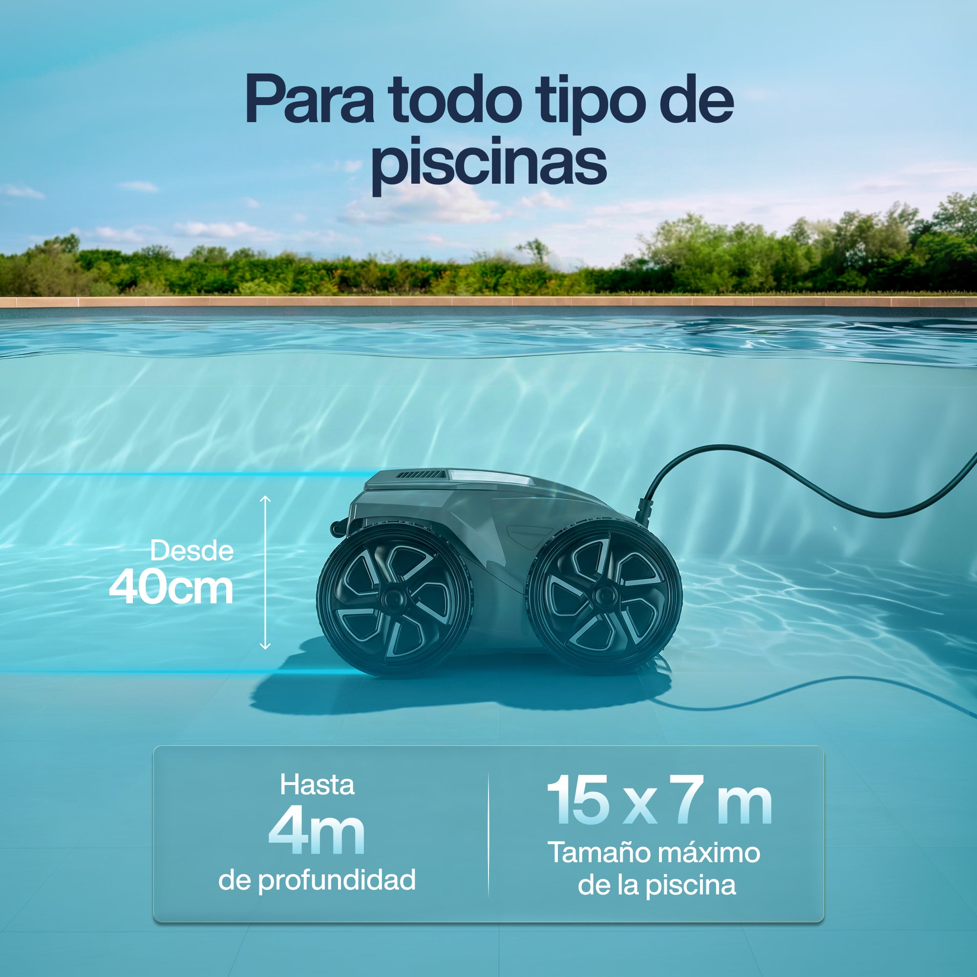Un robot de piscina gris con ruedas negras limpia una piscina. Profundidad desde 40cm hasta 4m.