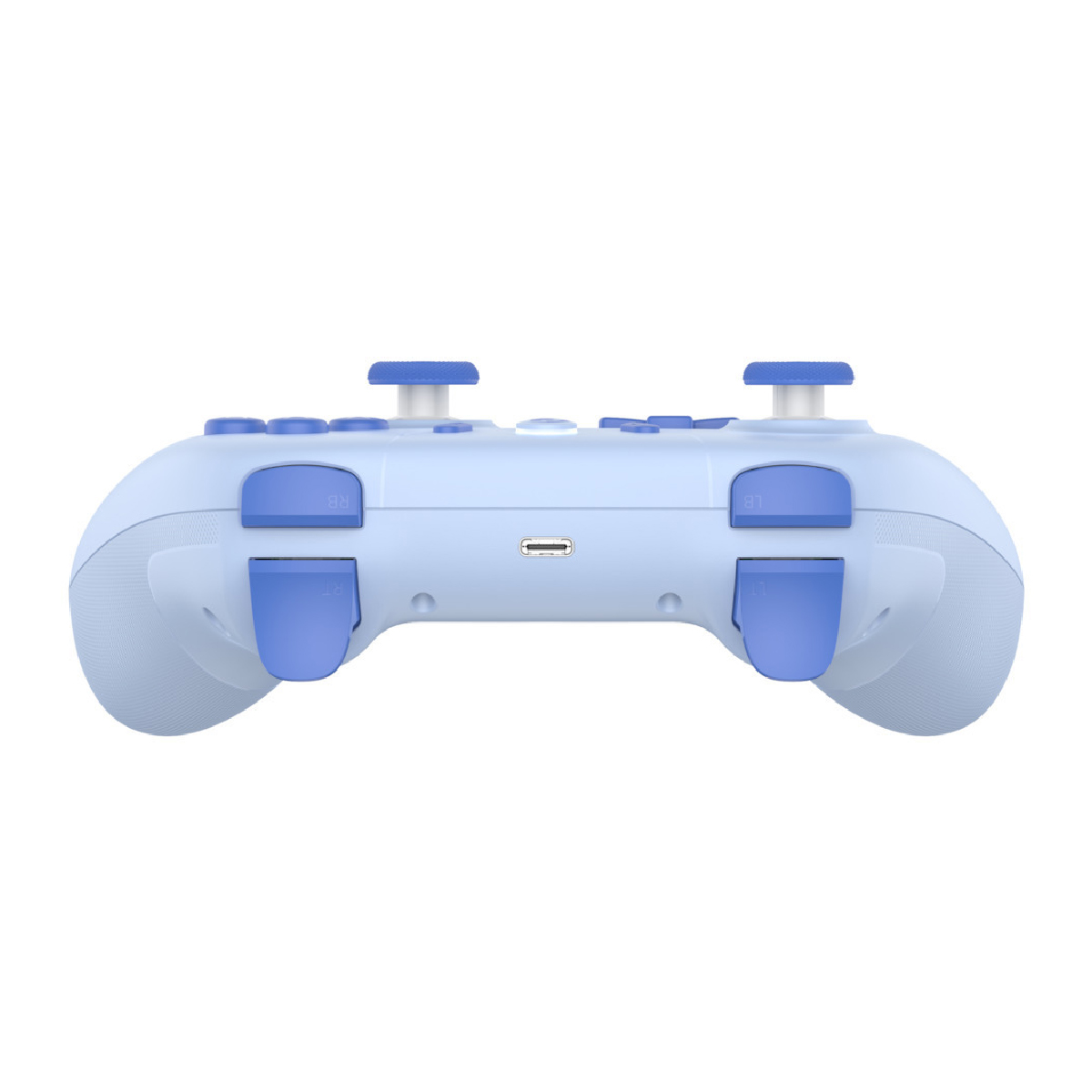 Un controller di gioco azzurro con pulsanti e joystick blu.