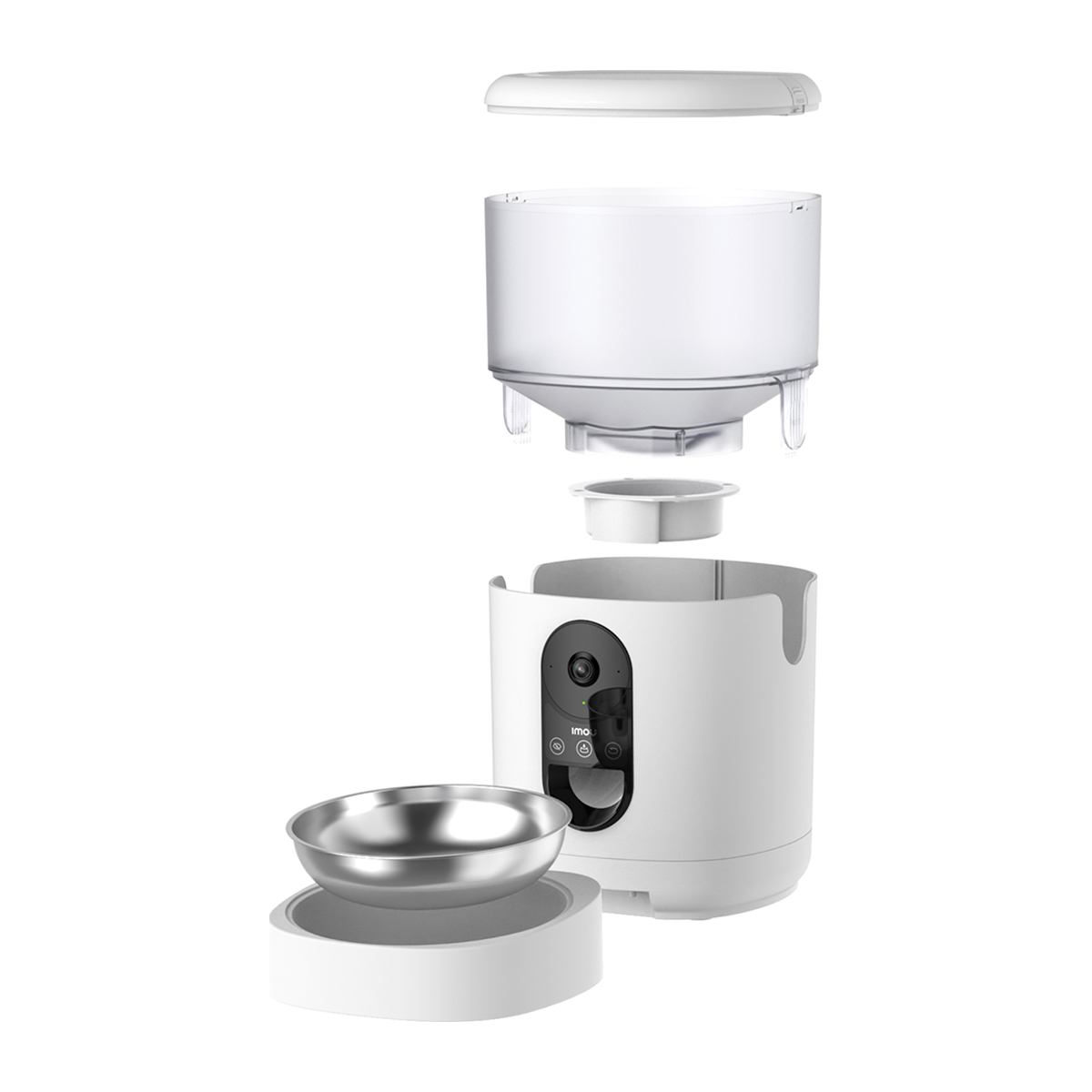 Un distributore automatico bianco per animali domestici con fotocamera è smontato.