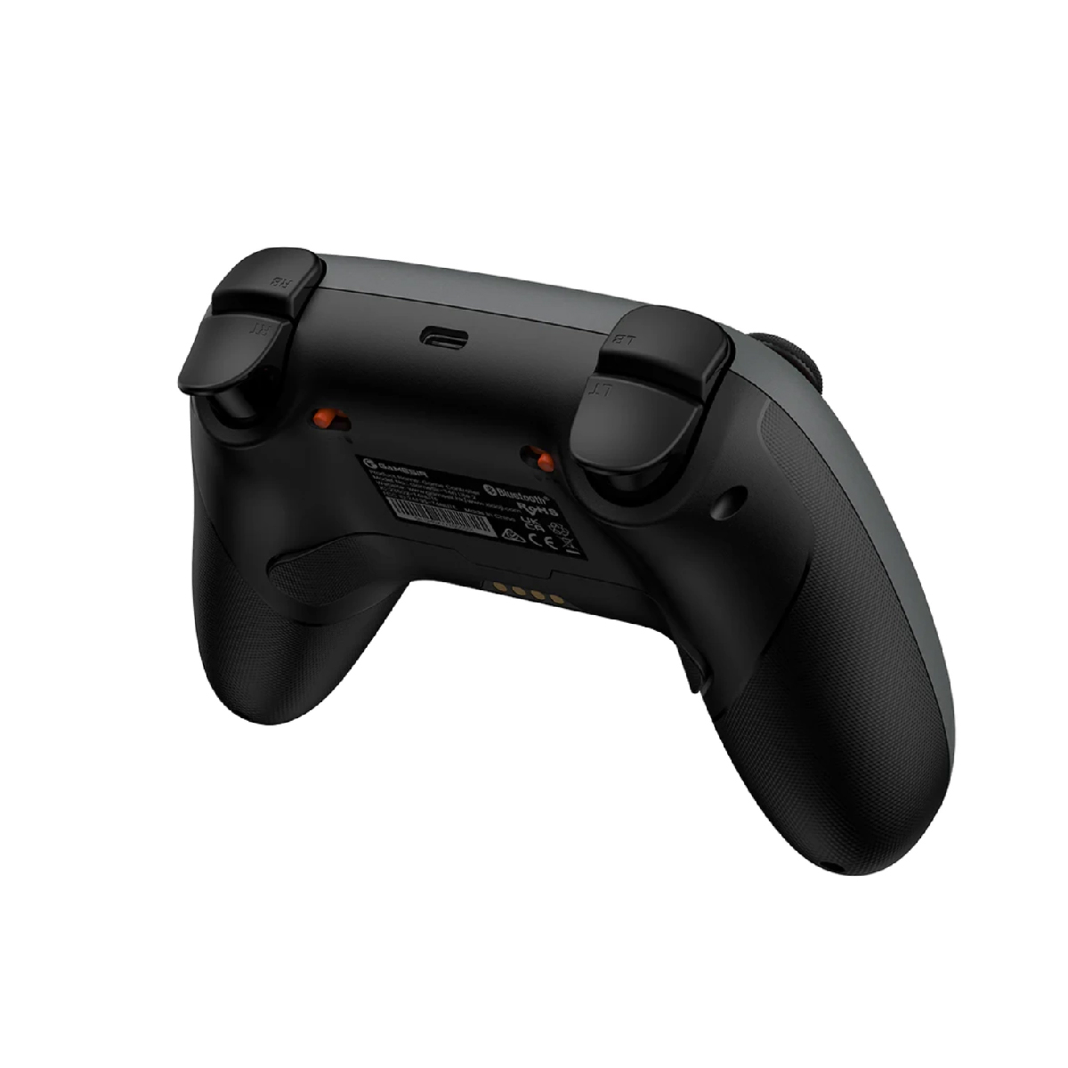 Ein dunkler Gamecontroller mit schwarzen und grauen Tasten und Griffen.