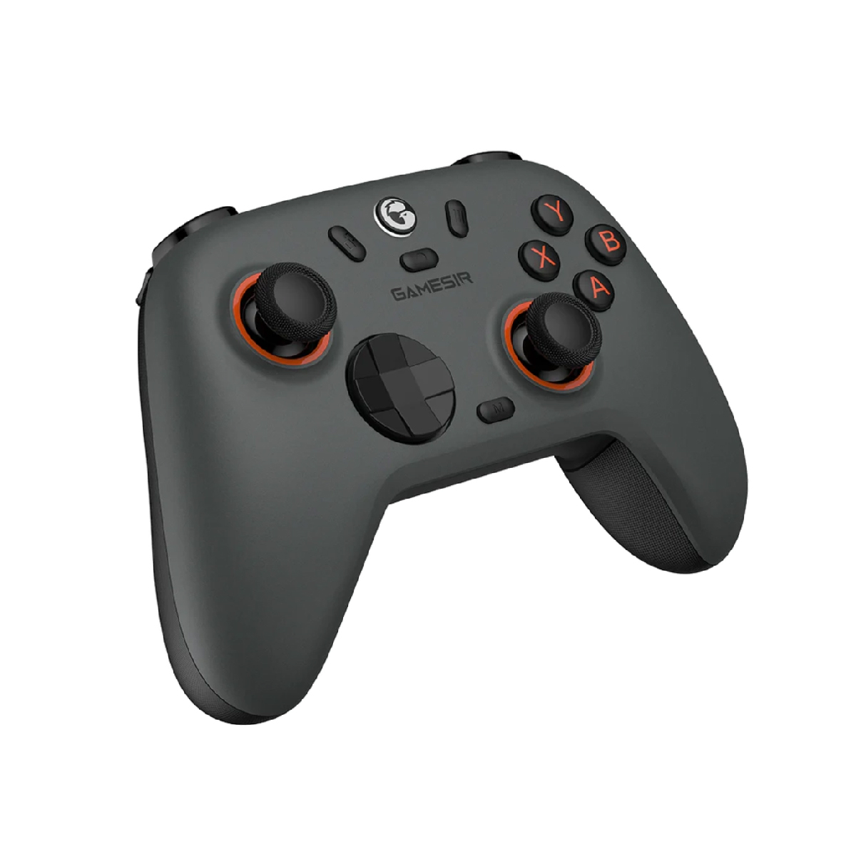Ein grauer Gaming-Controller mit orangen Akzenten und schwarzen Knöpfen.