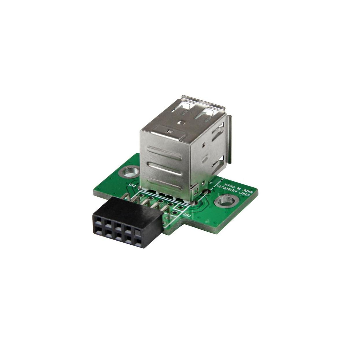 Una porta USB argentata su una scheda verde con un connettore nero a 9 pin.